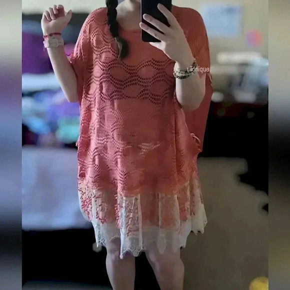 Ryu oversized boho style coral knit beach coverup tunic poncho top - Picture 11 of 11